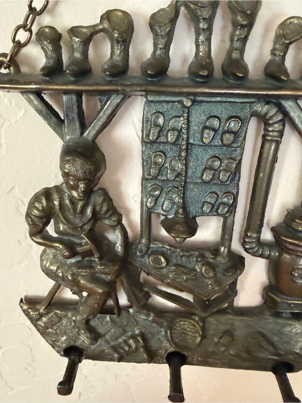 Vintage Brass Key Holder Cobbler Workshop scene